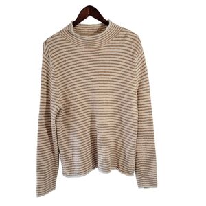 J. Crew Cream Brown Mockneck Striped Long Sleeve Knit Top Sz L Minimalist Cotton